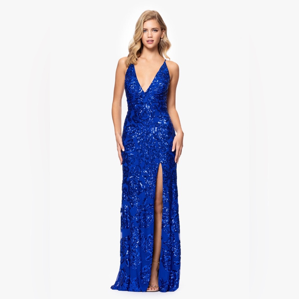 Blondie Nites Vibrant Blue Sequin Prom Dress, Size 3, long sleeveless v-neck